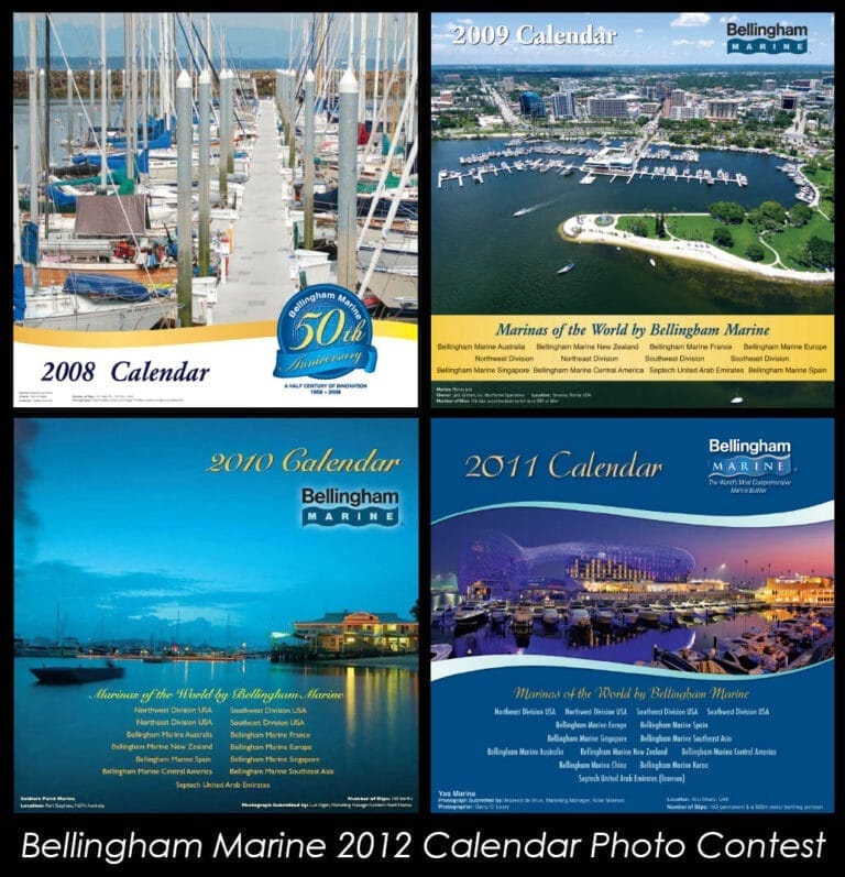 A serene marina scene with sailboats docked at sunset, captured for the Bellingham Marine calendar photo contest.