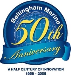 Bellingham Marine history insights - Bellingham Marine 50th anniversary logo featuring a golden number 50 with a marine-theme