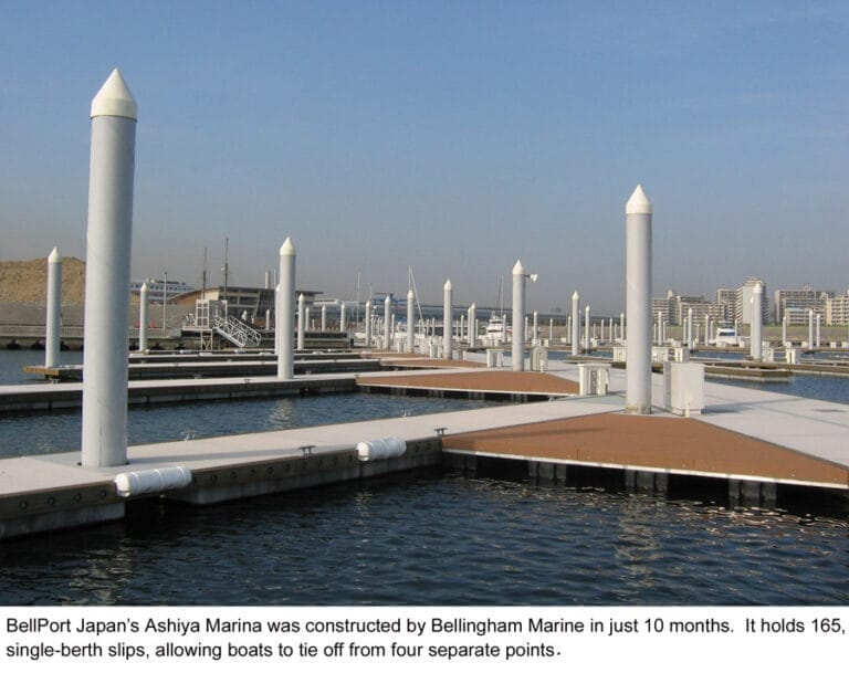 Aerial view of Ashiya Marina showcasing docks and boats, emphasizing Ashiya Marina safety features with clear water pathways.