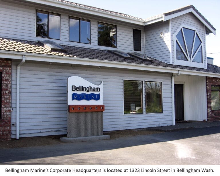 Bellingham Marine corporate office relocation depicted with a modern office building exterior and landscaped surroundings.