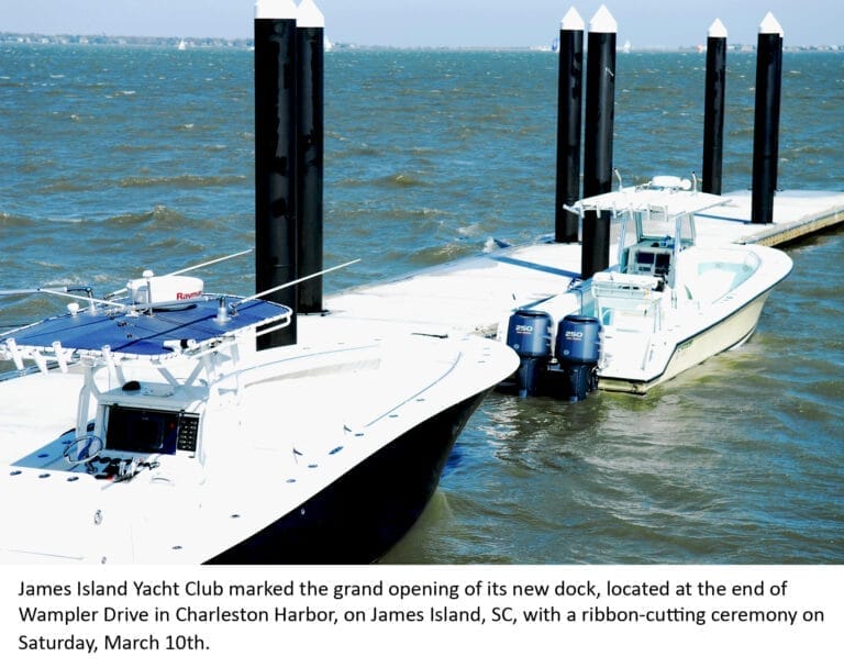 Members gather at the James Island Yacht Club dock opening, featuring a new facility with boats moored at the dock.