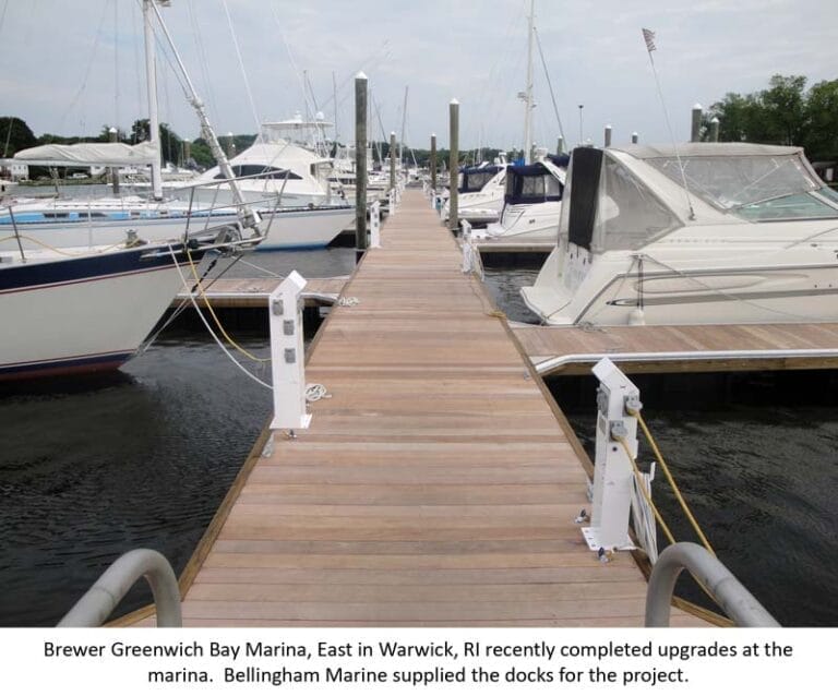 Timber dock system at Brewer's Greenwich Bay Marina showcasing Greenwich Bay Marina dock upgrades with boats moored.