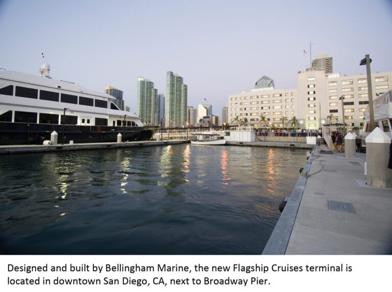 Flagship Cruises terminal San Diego - Floating terminal for Flagship Cruises in San Diego with boats docked along the downtow