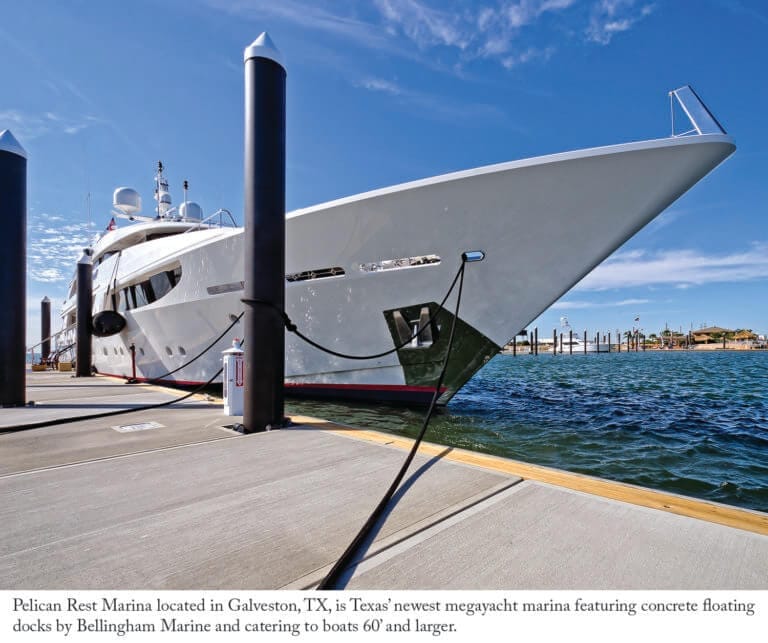 Pelican Rest Marina expansion - Aerial view of Pelican Rest Marina's megayacht dock showing boats moored at the expanded faci