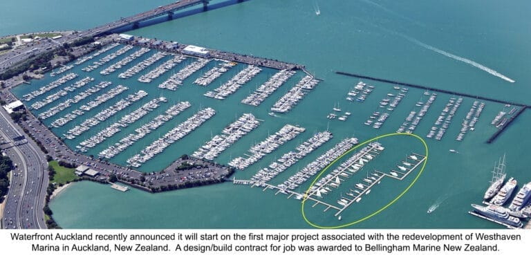 Aerial view of Westhaven Marina with boats docked, highlighting the area for Westhaven Marina pier replacement in New Zealand