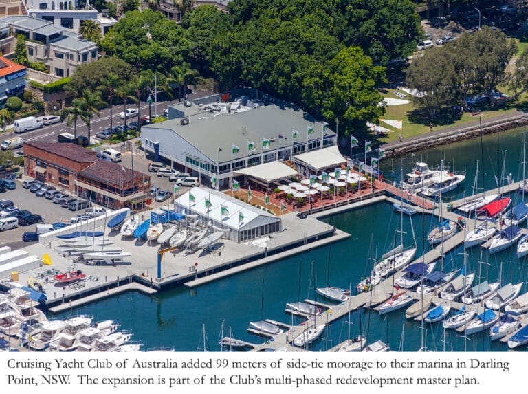Aerial view of the Cruising Yacht Club hardstand upgrades showing new pontoons and dock facilities in a marina setting.