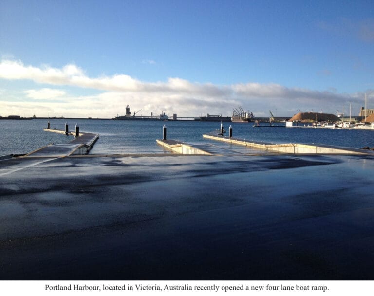 Portland Harbour boat ramp congestion - Concrete pontoons at Portland Harbour boat ramp with boats docked, illustrating reduc
