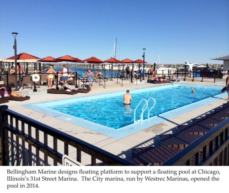 Floating pool platform designed by Bellingham Marine, featuring a modular layout with swimmers enjoying the water.