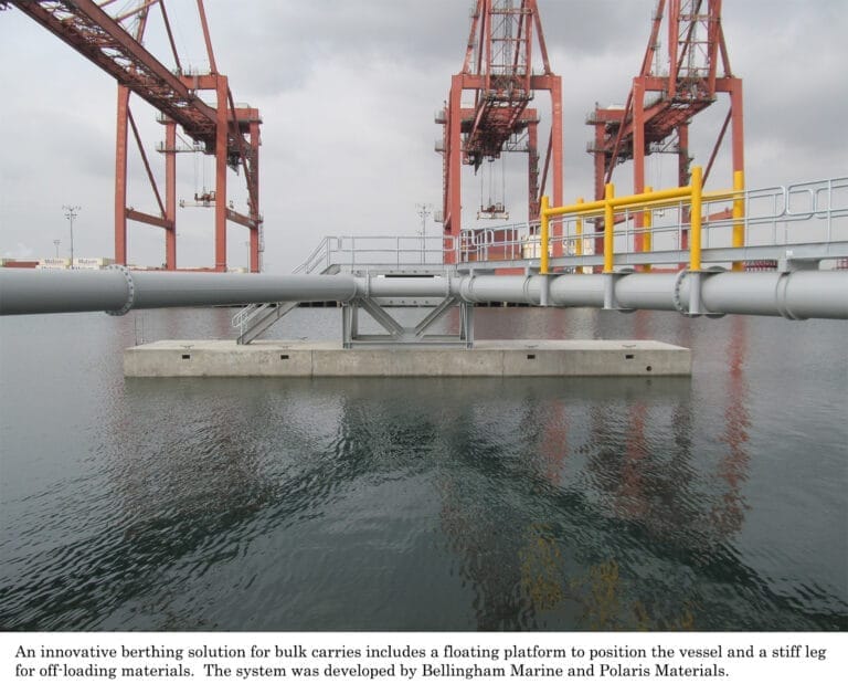 Concrete floating berthing system at a terminal, designed for moorage of bulk carriers, with a clear view of the platform.