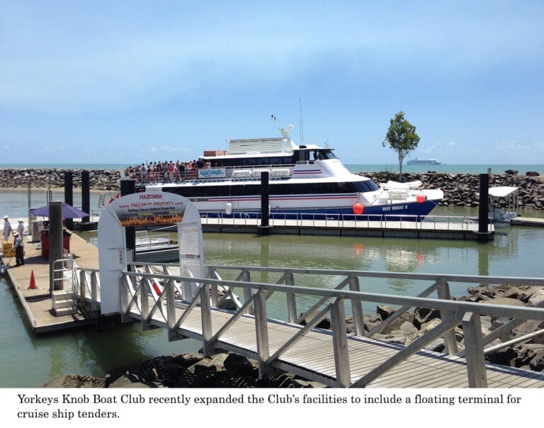 Concrete pontoons at Yorkeys Knob tender wharf upgrade, showcasing new facilities for improved cruise ship tender access.