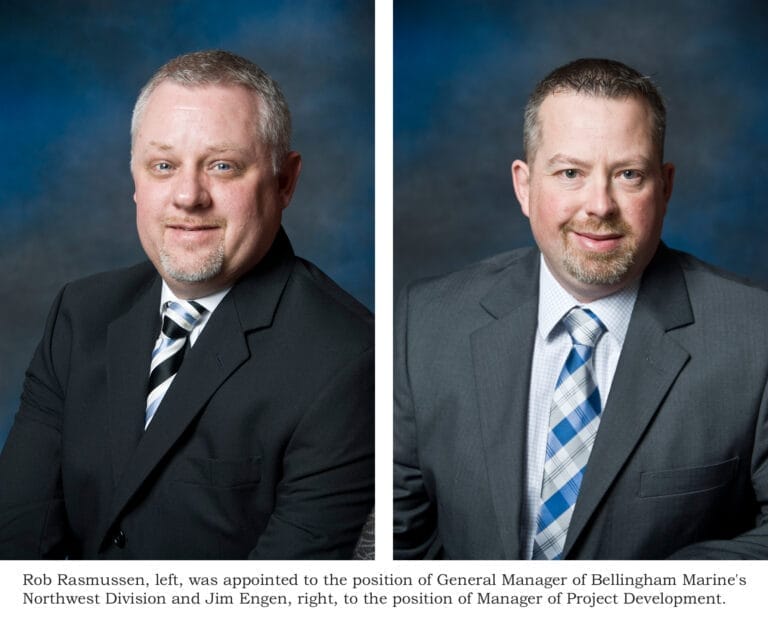 Rasmussen and Engen standing together, smiling, representing Bellingham Marine leadership changes.