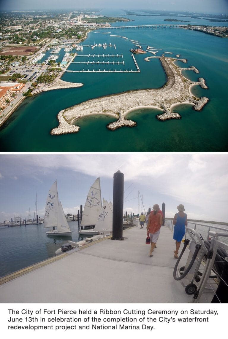 Newly constructed floating docks at Fort Pierce marina redevelopment, featuring modern facilities and boats docked along the