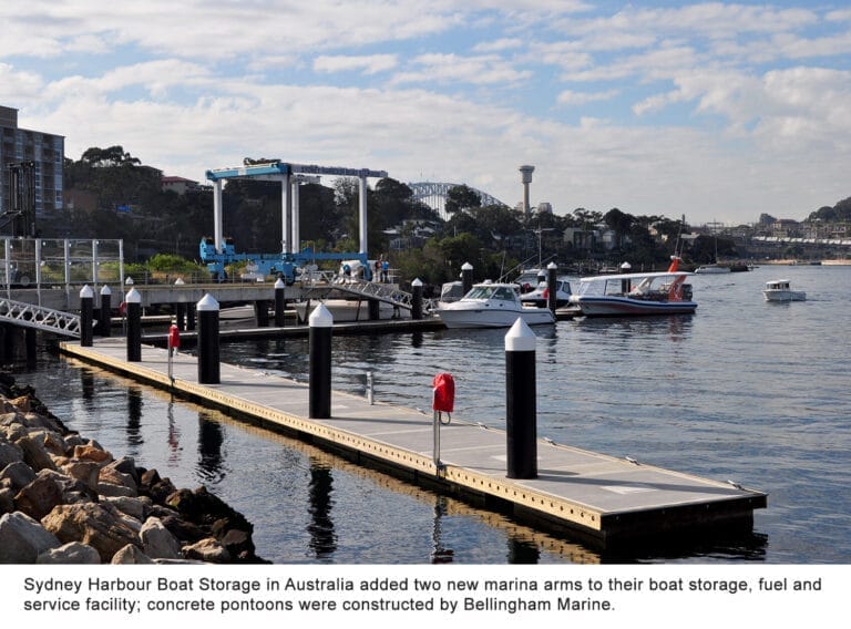 Concrete pontoons at Sydney Harbour Boat Storage, part of the Sydney Harbour boat storage expansion project.