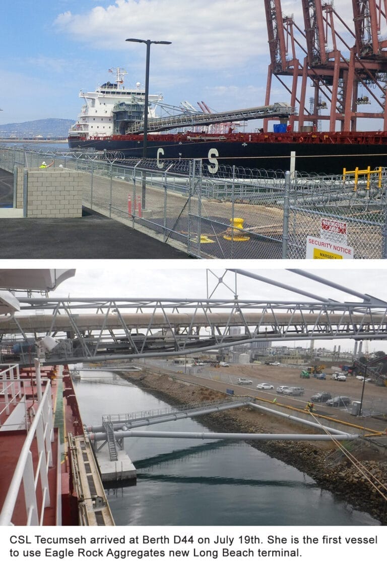 Floating concrete platform supports Panamax berthing system Long Beach for self-discharging bulk carriers.