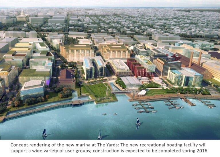Aerial view of the new boating facility DC at the Yards, featuring multiple docks and boats along the waterfront in Washingto