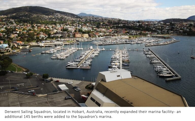 Concrete pontoons at Derwent Sailing Squadron, part of Hobart Marina expansion 2026, with boats docked alongside.