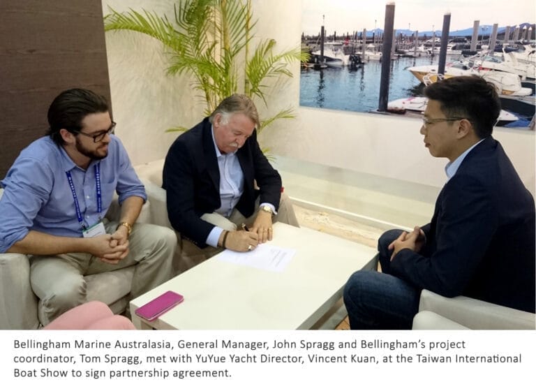 Executives from Bellingham Marine and YuYue Yacht Company signing a partnership agreement for Taiwan marina development.