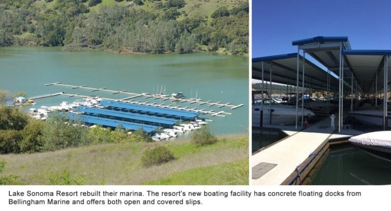 Lake Sonoma Resort concrete docks - Concrete docks at Lake Sonoma Resort with boats moored, showcasing new marina facilities