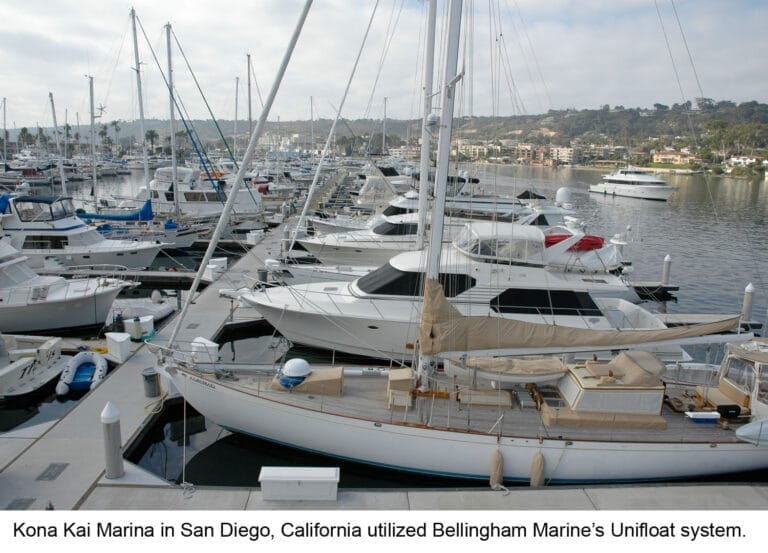 Aerial view of Kona Kai Marina renovation showcasing updated docks and moored boats against a backdrop of San Diego skyline.