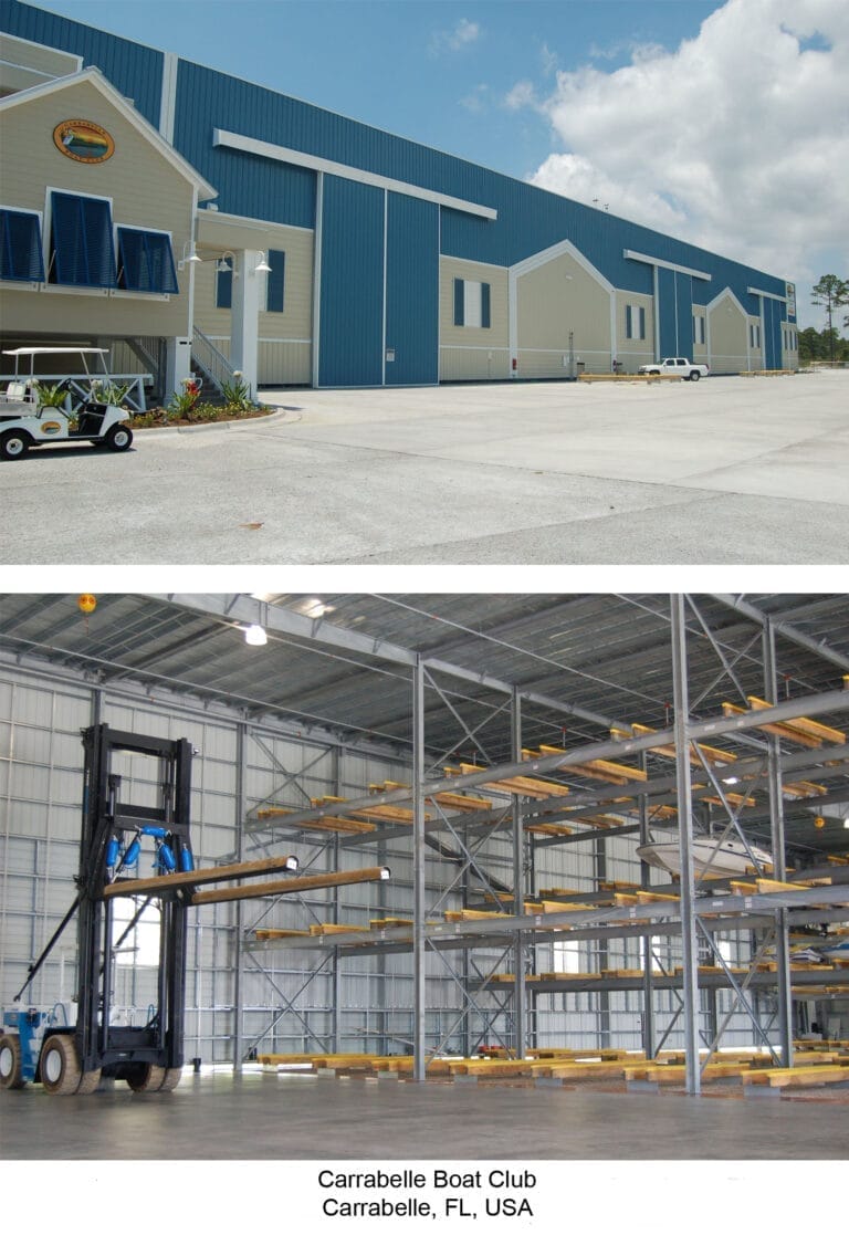 Rows of boats stored in the Carrabelle Boat Club dry storage facility, showcasing a modern and organized marine storage solut