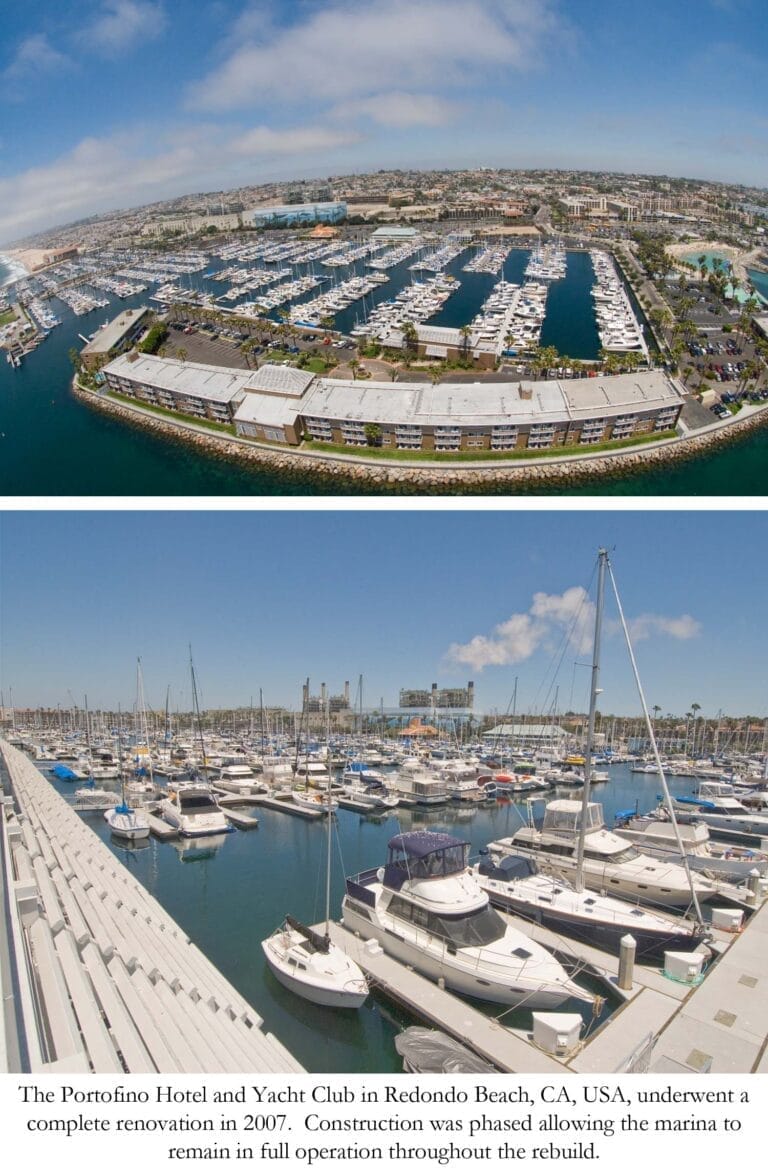 A marina under construction with cranes and scaffolding, illustrating a phased marina renovation strategy.