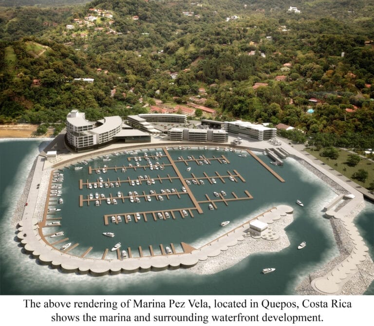 300-slip marina Costa Rica - Aerial view of a 300-slip marina in Costa Rica with numerous boats docked and lush greenery surr