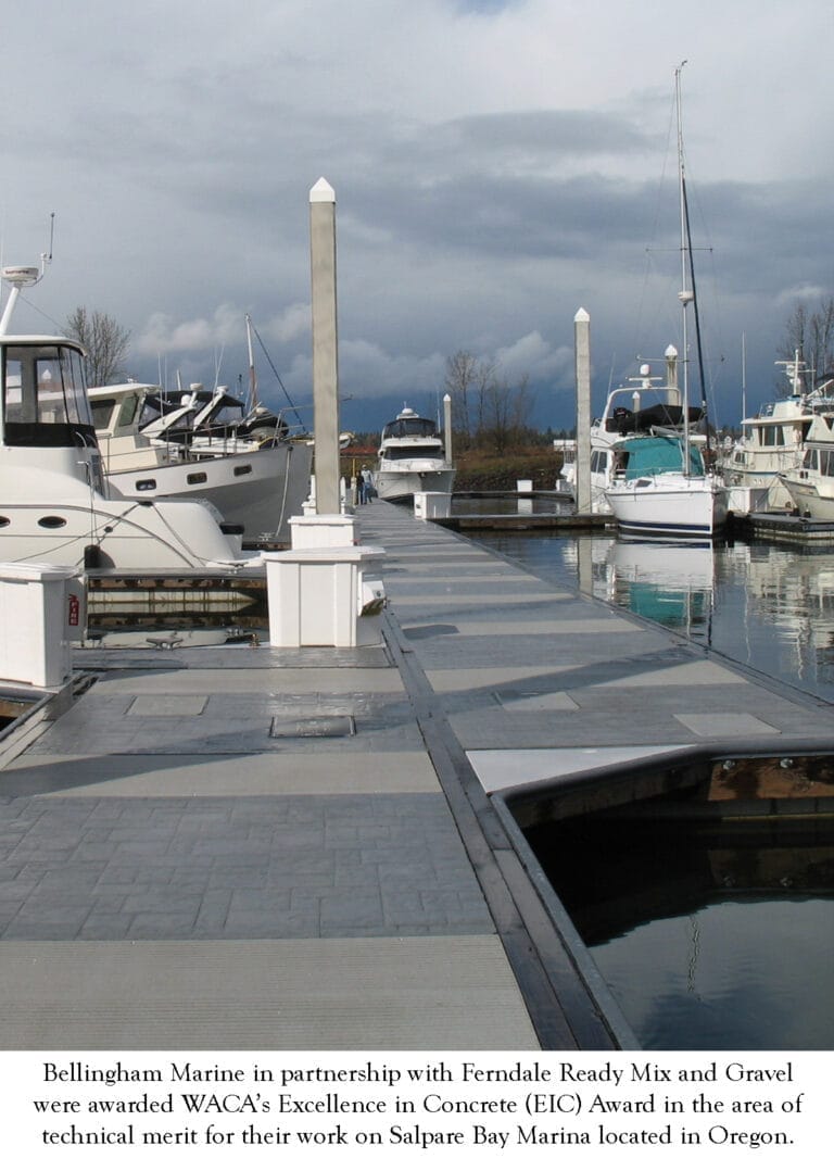 Concrete float structure at a marina, showcasing innovative design, awarded the Excellence in Concrete Award for its construc