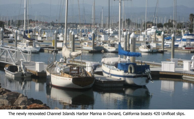 Aerial view of Channel Islands Harbor Marina renovation showcasing new docks and facilities against a backdrop of the ocean.