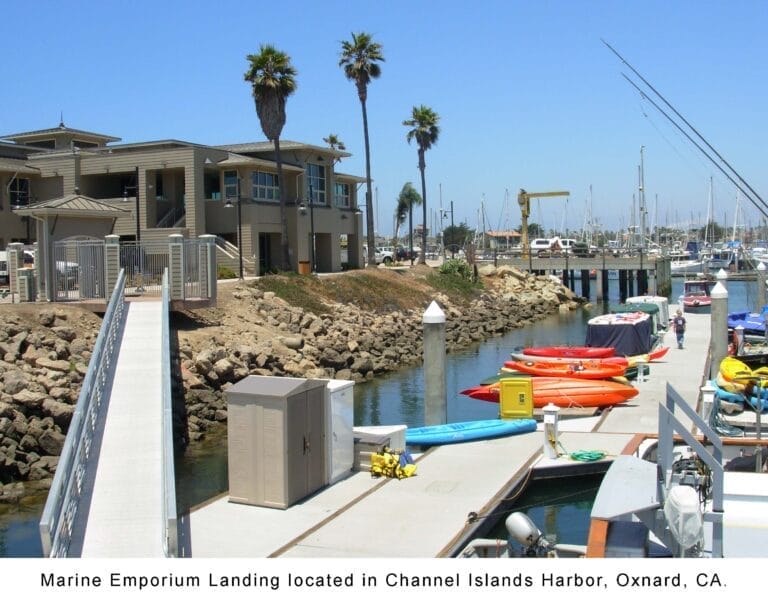 Channel Islands Harbor renovation - View of the newly renovated Marine Emporium in Channel Islands Harbor with boats docked a