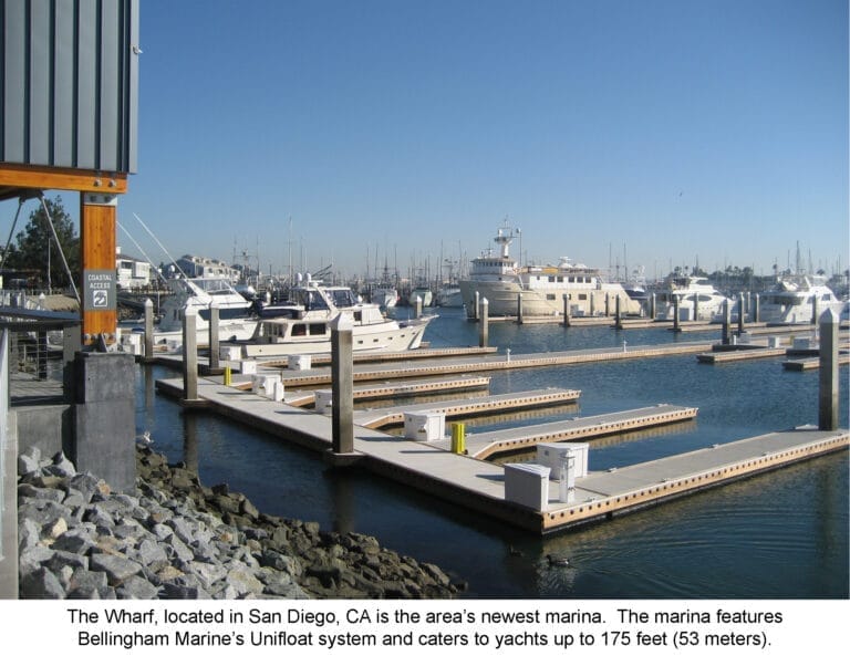 Yachts docked at a San Diego yacht marina with clear skies and calm waters, highlighting the marina's modern facilities.