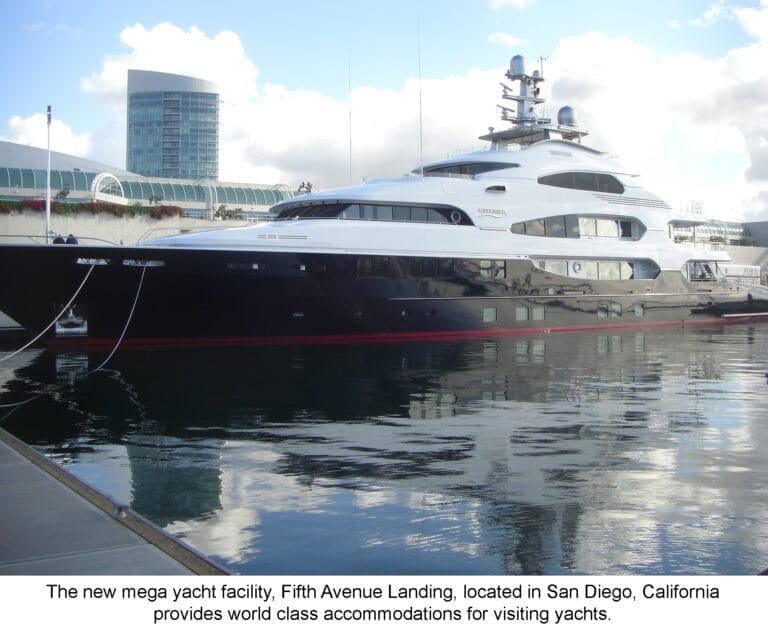 mega-yacht temporary stay San Diego - Mega-yacht docked at San Diego facility, showcasing modern marina infrastructure for te