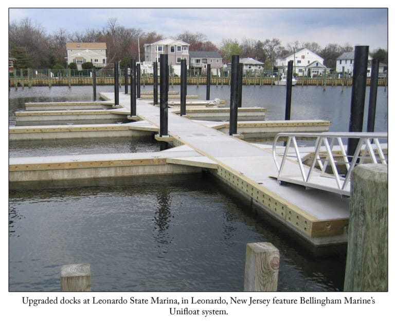 Aerial view of Leonardo and Monmouth marina upgrades, showcasing new docks and boats moored along the waterfront.