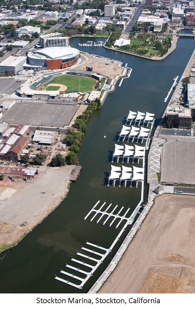 Stockton Marina reopening 2026 - Aerial view of Stockton Marina with boats docked, scheduled to reopen in 2026, surrounded by