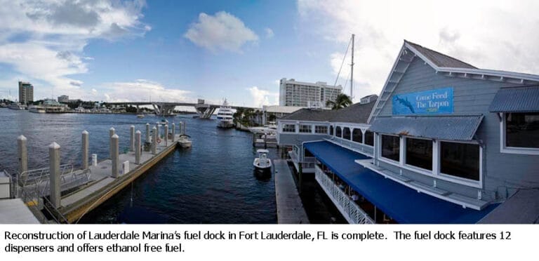 Aerial view of Lauderdale Marina's fuel dock featuring a Unifloat concrete floating dock upgrade, surrounded by boats.