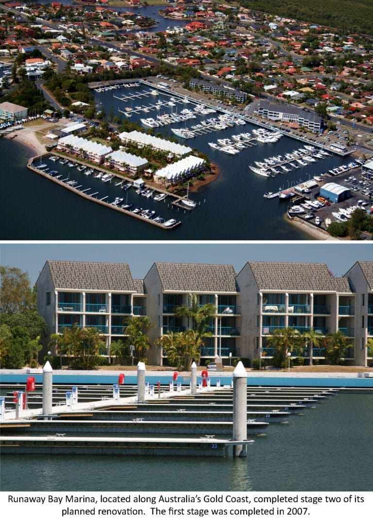 Runaway Bay Marina renovation progress - Aerial view of Runaway Bay Marina showing renovation progress with new docks and fac