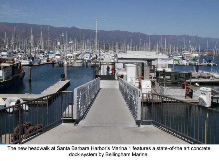 Aerial view of Santa Barbara Marina upgrades showcasing newly completed docks and boats moored at the marina.