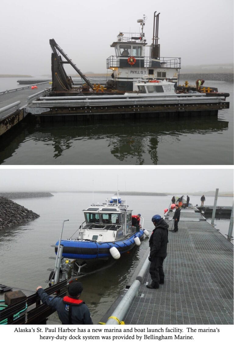 Wooden docks and boats in St. Paul Harbor float system under a cloudy sky, showcasing the design for extreme conditions.