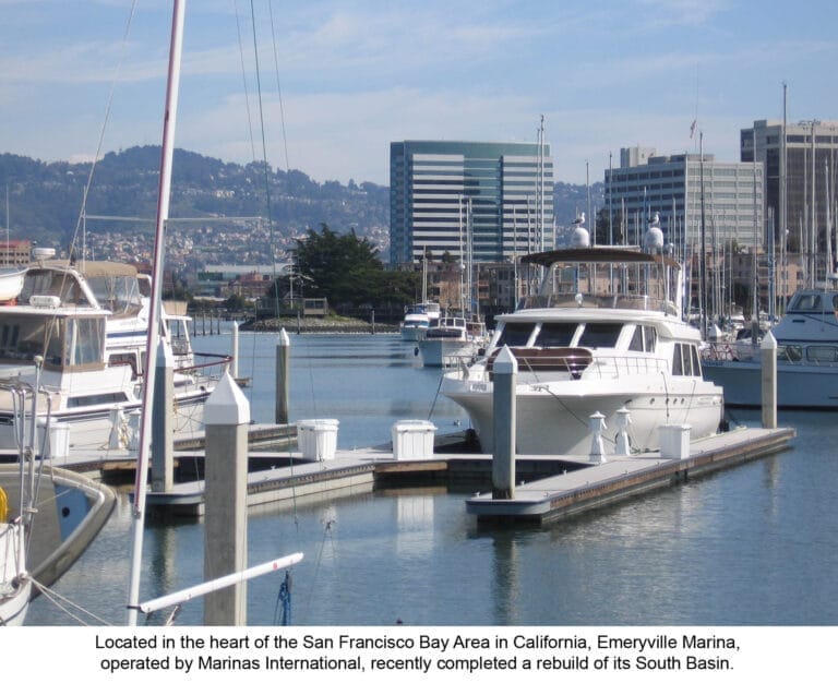 Sailboats docked at Emeryville Marina with clear skies, highlighting the recent Emeryville Marina renovation.