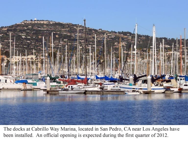 San Pedro marina dock installation at Cabrillo Way, featuring newly completed docks and boats moored along the waterfront.