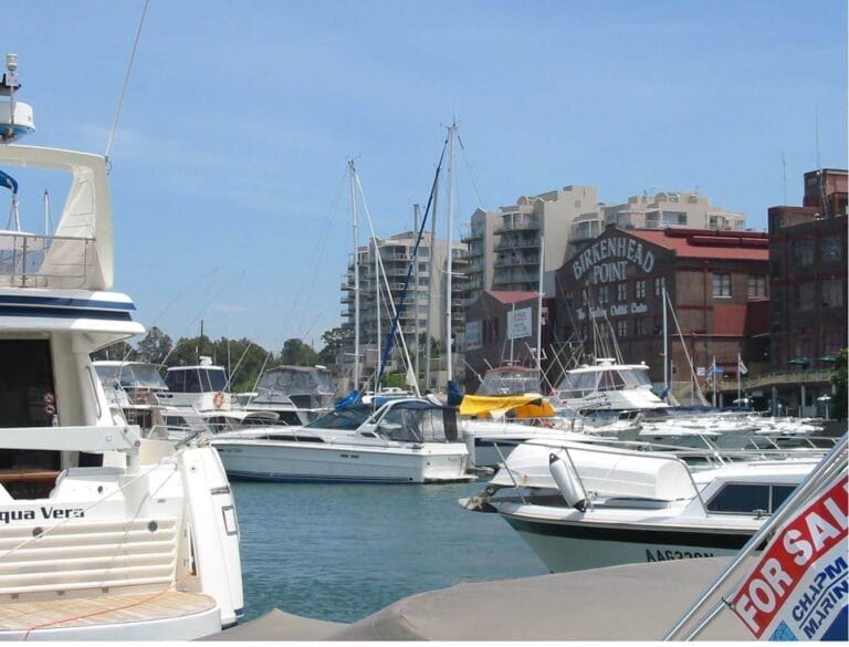 Aerial view of Birkenhead Point Marina upgrade showcasing modern docks and facilities with boats moored in the marina.