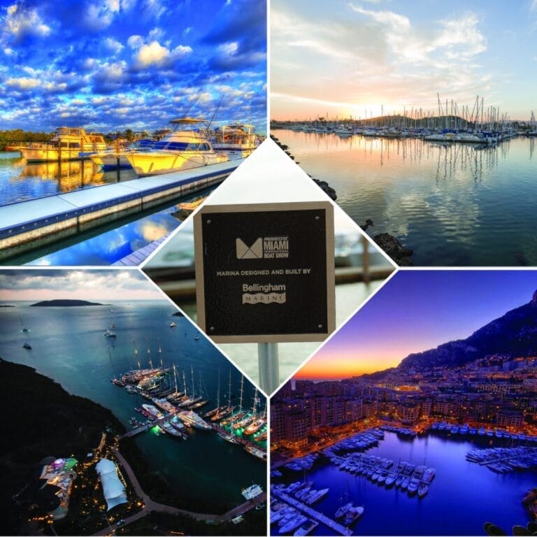 A serene marina scene with boats docked at sunset, capturing the essence of the 10th Annual Marine Photo Contest.