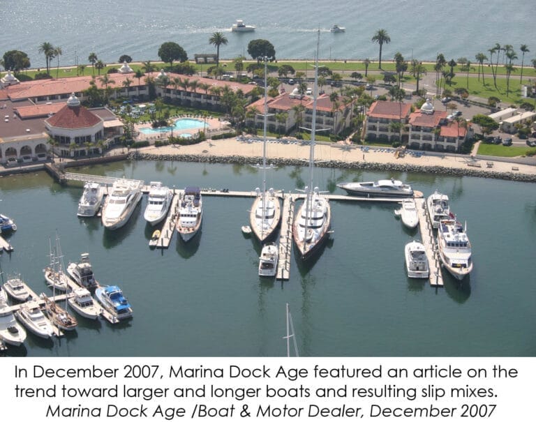 Aerial view of a marina with numerous boats docked, illustrating fewer slips in marinas, surrounded by calm blue water.