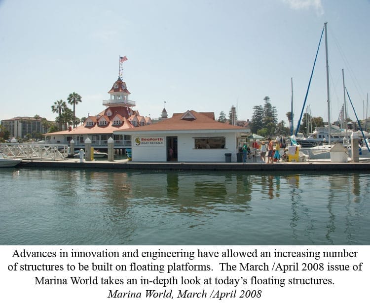 Modern floating buildings engineering with sleek structures on water, showcasing innovative design and stability solutions.