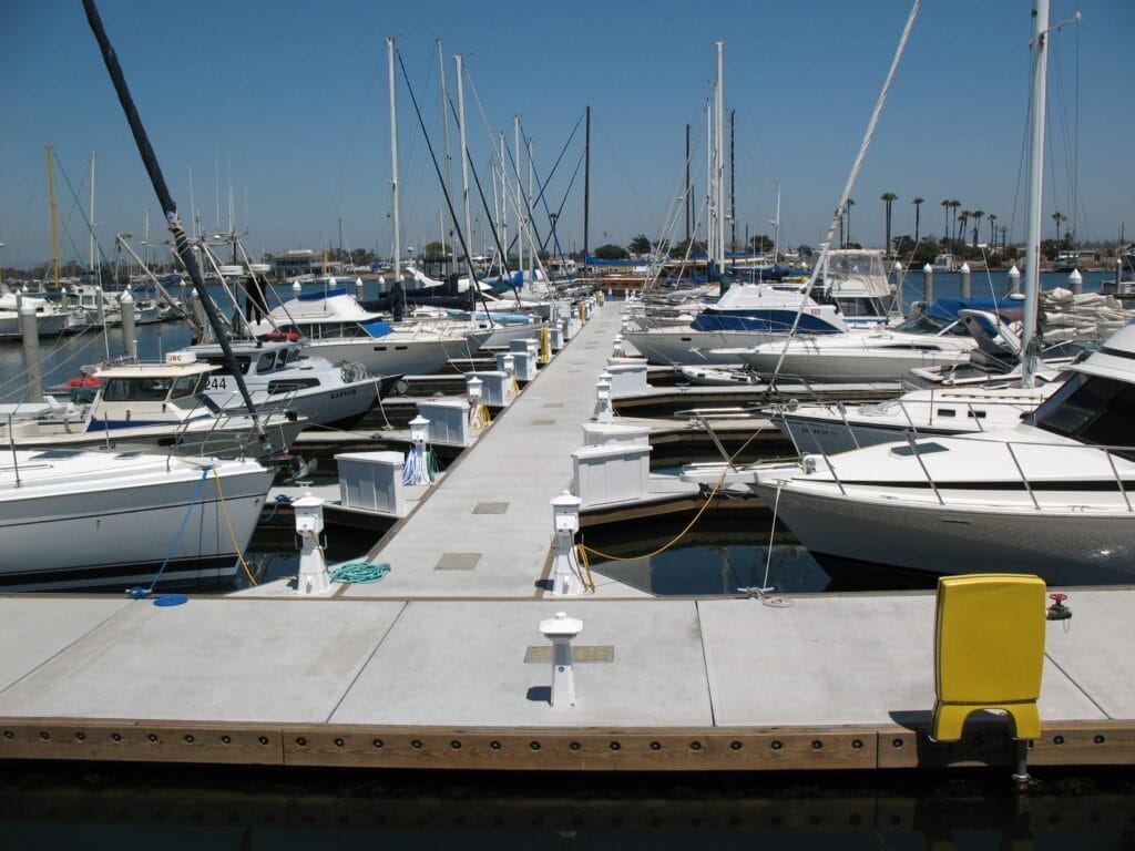 Channel Islands Harbor Marina renovation - Boats docked at Channel Islands Harbor Marina during renovation, with clear skies