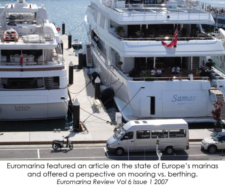 A marina with several boats docked, illustrating mooring and berthing expectations in a calm, organized setting.