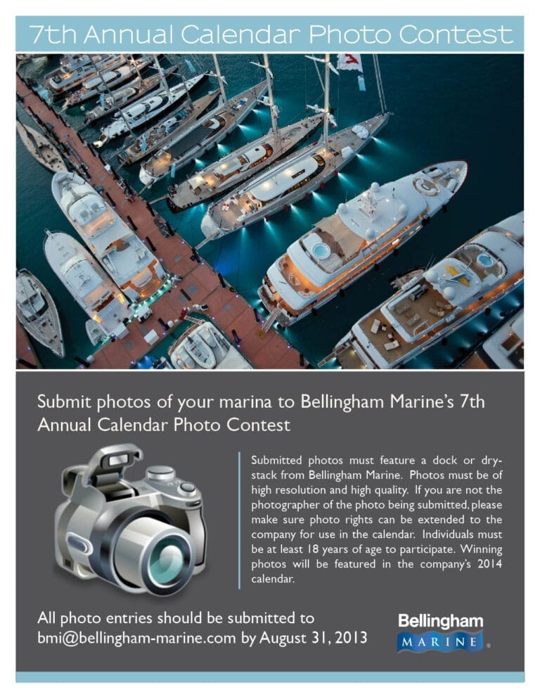 Flyer for Bellingham Marine photo contest 2013 featuring a marina with boats docked, promoting the call for entries.