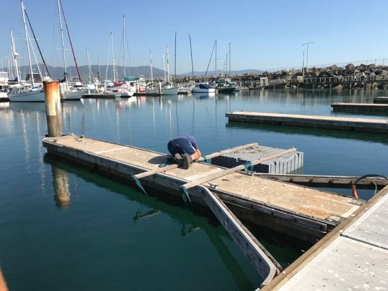 Coffs Harbour Marina storm repair with new pontoons installed by Bellingham Marine, showcasing extensive dock restoration wor