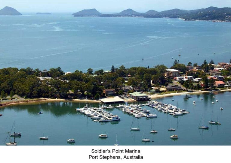 Soldiers Point Marina capacity expansion - Aerial view of Soldiers Point Marina showing expanded docks and increased capacity