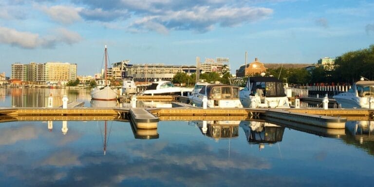 Boats docked at The Yards Marina in Washington, DC, illustrating the DC waterfront development impact on local boating activi