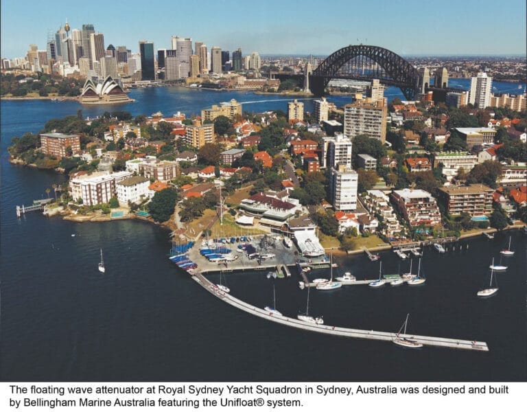Floating wave attenuator Sydney in a marina setting with calm water and docked boats, meeting club requirements.